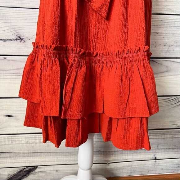 Calvin Klein Rust Orange-Red V Neck Sleeveless Ruffle Flare Dress - Picture 2 of 9